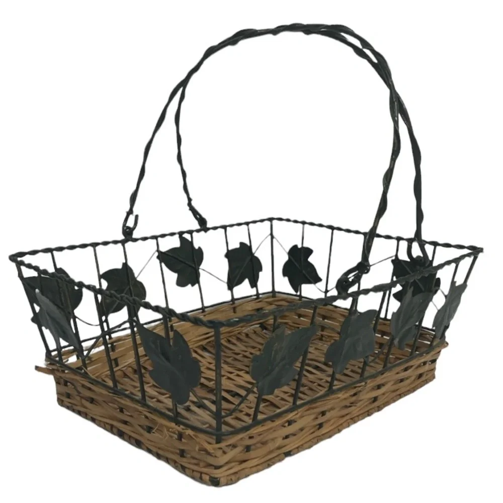 Vintage Basket Hand Crafted Woven Wicker Metal Cottage Kitchen Gathering Basket